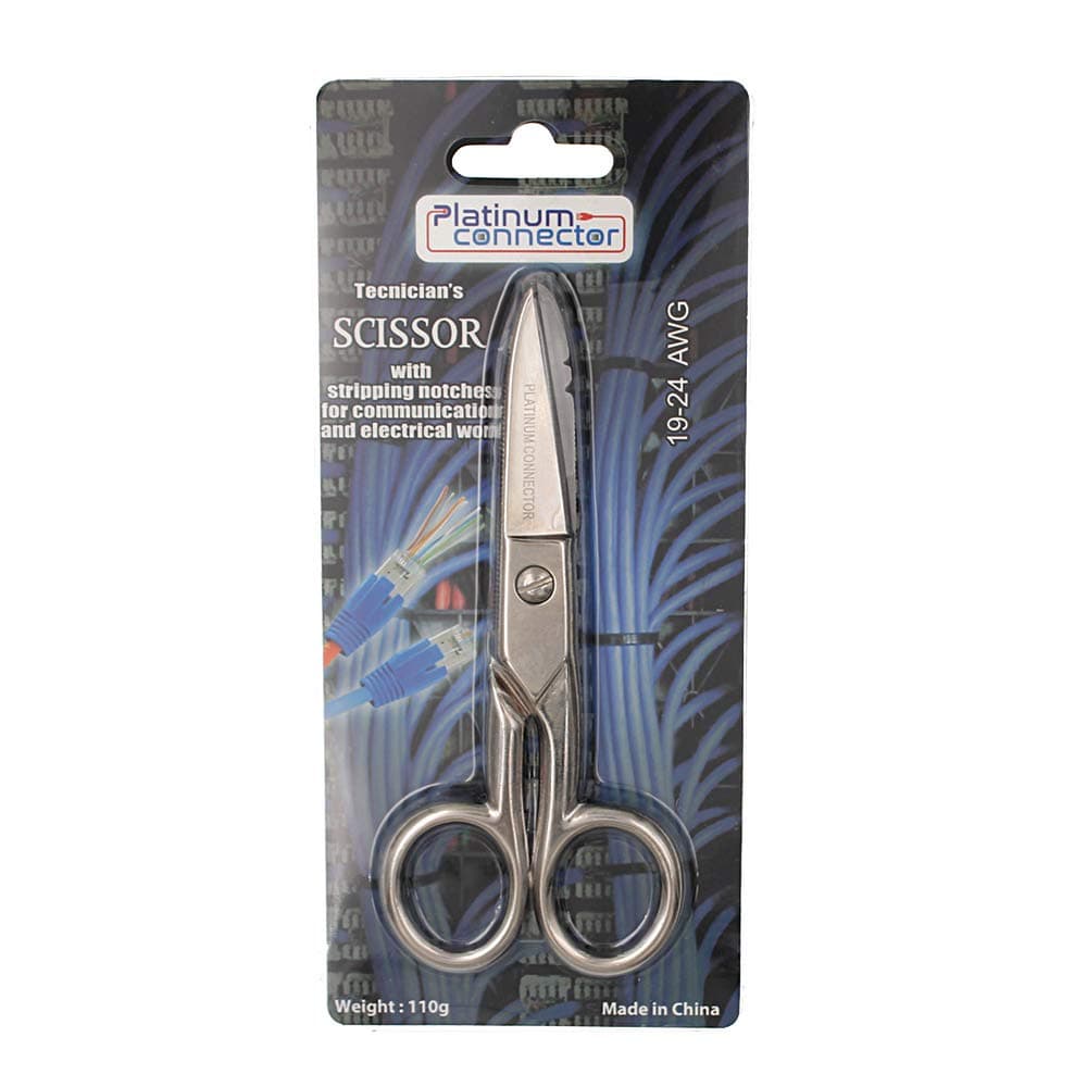 Technician's Multi-Purpose Scissors for Cutting & Stripping of Ethernet Cable, Electrical Wire, Light Plastic Conduit and Metal Sheet (19-24AWG)