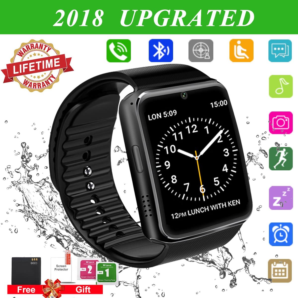 Bluetooth Smart Watch Touchscreen with Camera,Unlocked Watch Cell Phone with Sim Card Slot,Smart Wrist Watch,Waterproof Smartwatch Phone for Android Samsung IOS Iphone 7 6S Men Women Kids (GT08 Black)