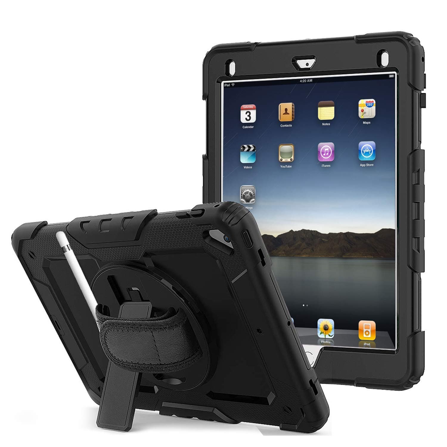 Mayoga Case for iPad 9.7'' 2017/2018, iPad Pro/Air/Air2 Protective Case Built-In Pen Tray, Rugged Protective Case with Built-in Screen Protector, Rotating Hand Strap, Kickstand, Shoulder Strap Black