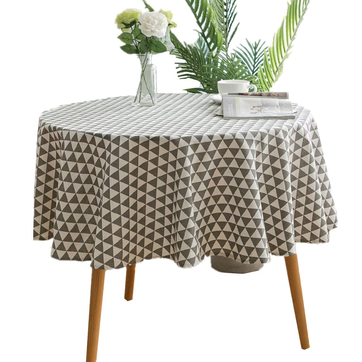 Round - 60" Tablecloth Cotton Linen Grey Triangle Pattern Table Cloth for Home Tabletop Decoration