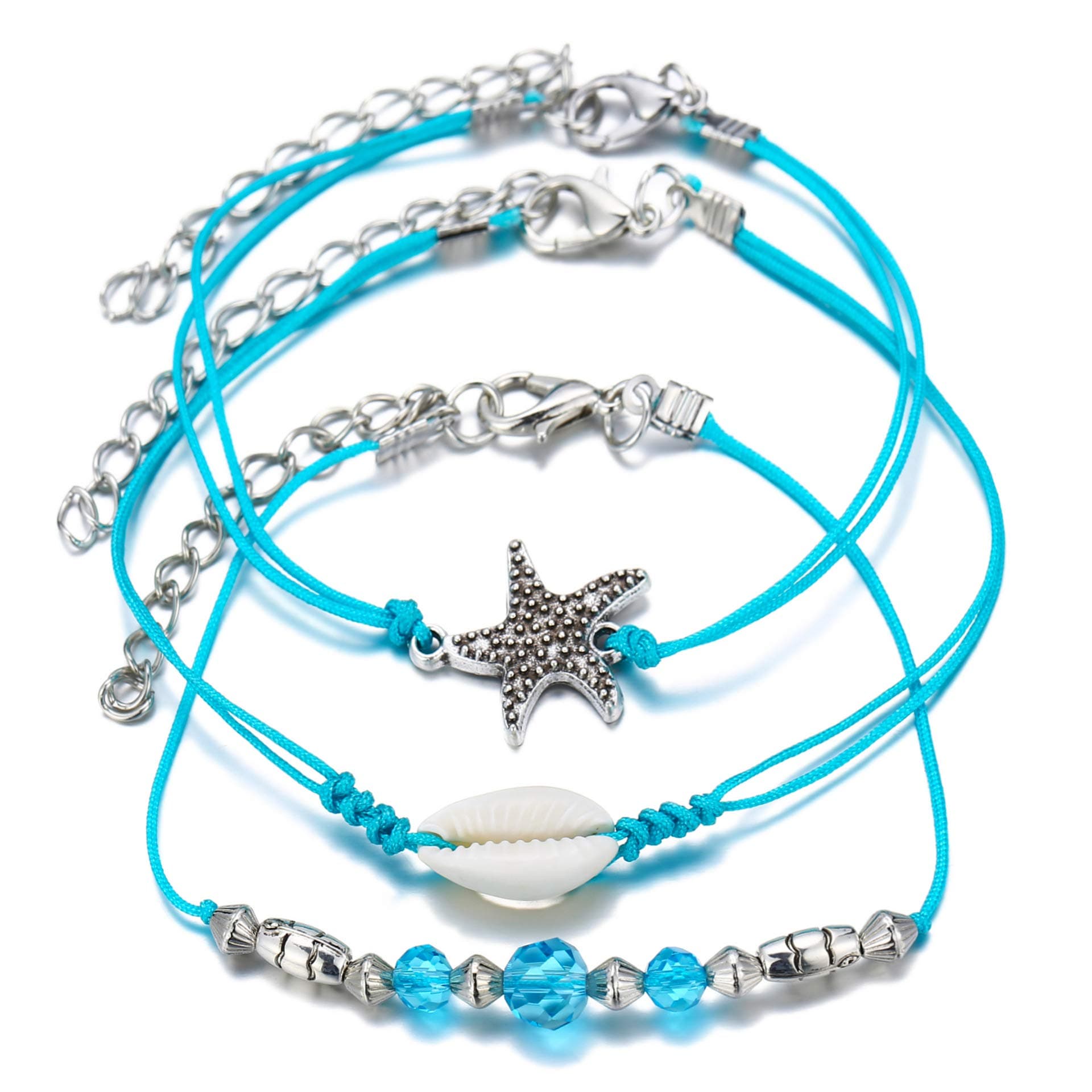 Creative Bohemian Retro Starfish Shell Blue Beads Beach Anklet Set Three-Piece Set For Women Girl Summer Foot Accessories Decoration