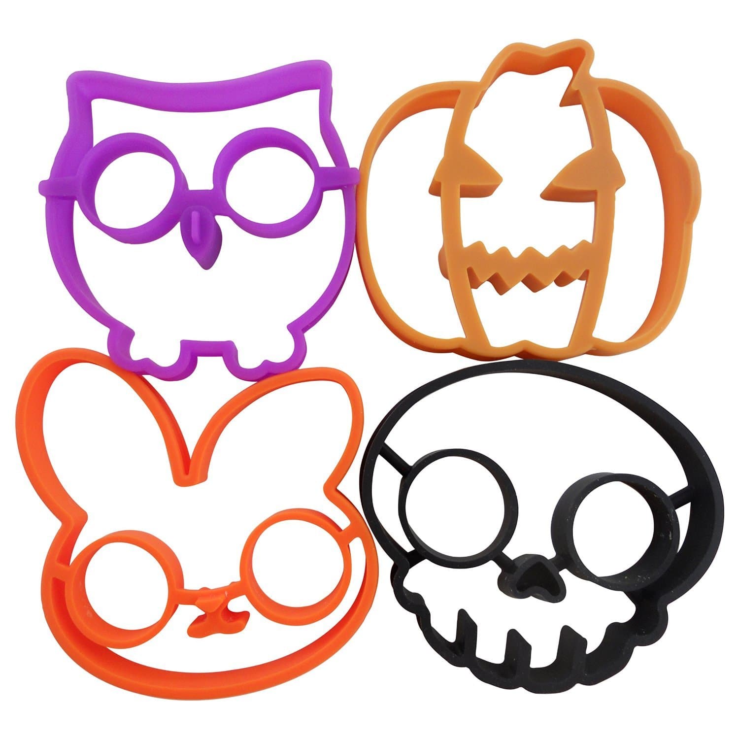 Friendly Kitchens Reuseable Silicone Pancake and Baking Molds & Egg Rings: Skull, Owl, Pumpkin, and Bunny 4-Pack