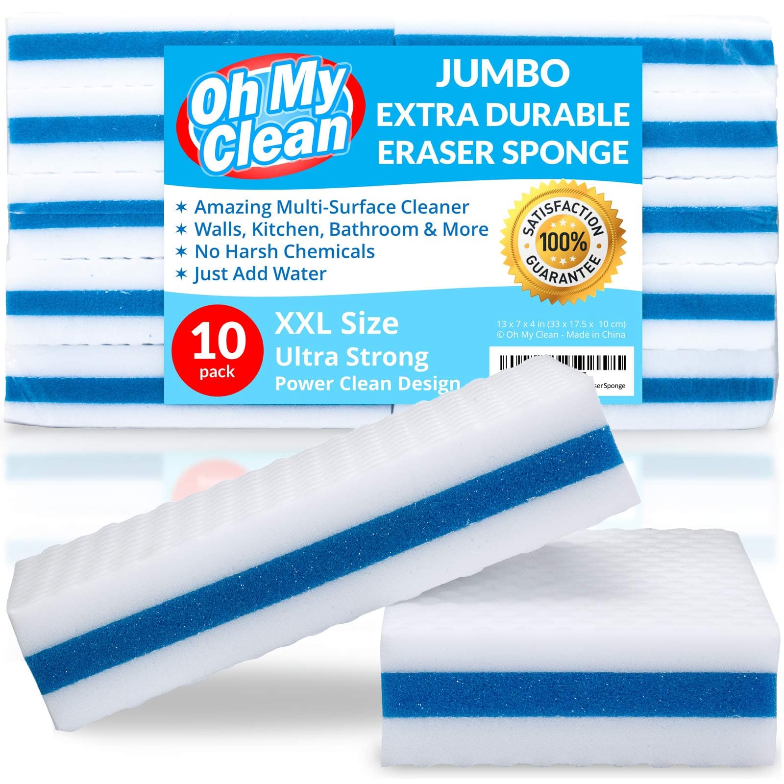 (10 Pack) Jumbo Extra Durable Eraser Sponge - 6.5 x 4 x 1.5” Long Lasting, Premium Melamine Foam Sponges in Bulk - Large Heavy Duty Power Scrubber - Bathroom, Kitchen, Floor, Baseboard & Wall Cleaner