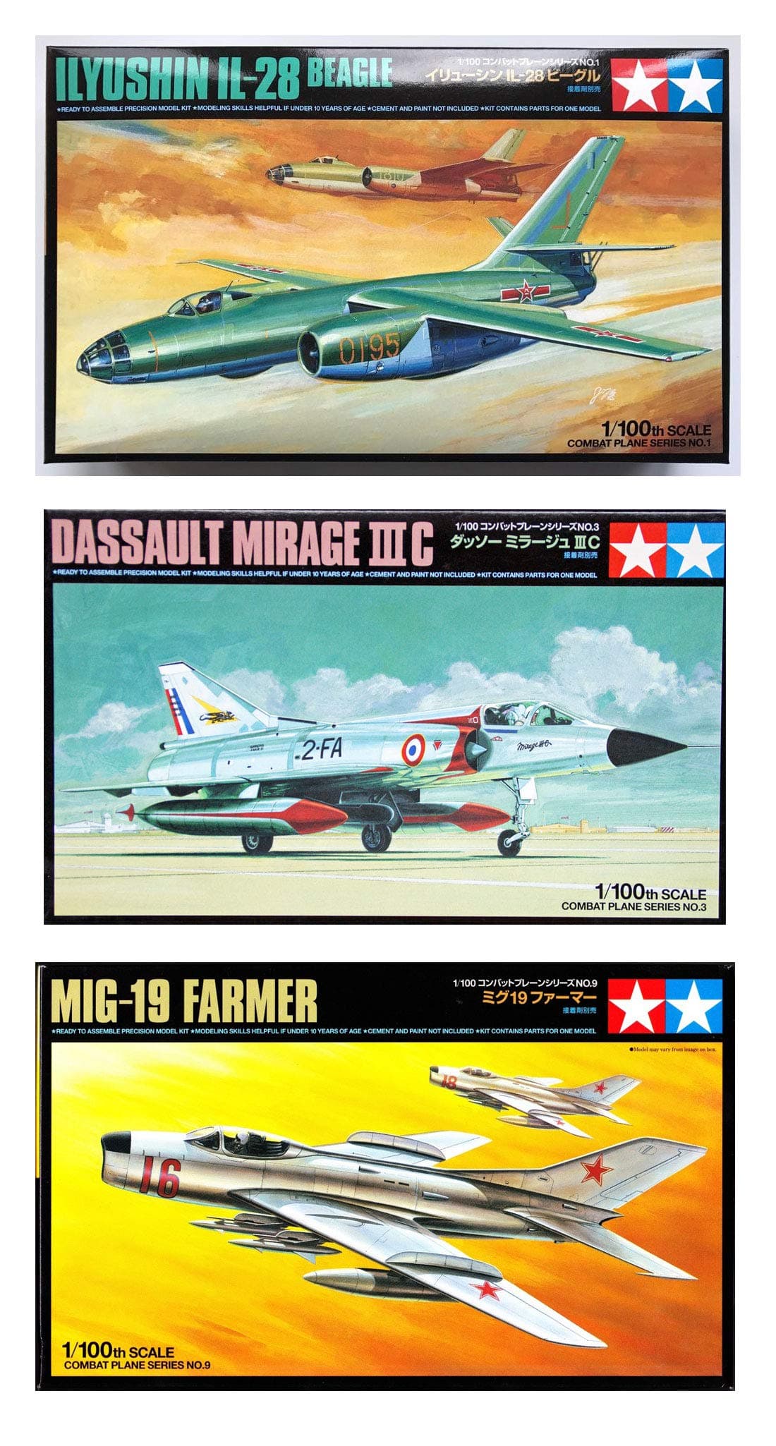 3 Tamiya Model Plane Bundle - Ilyushin II-28 Beagle, MiG-19 Farmer-E and Dassault Mirage III C (Japan Import)
