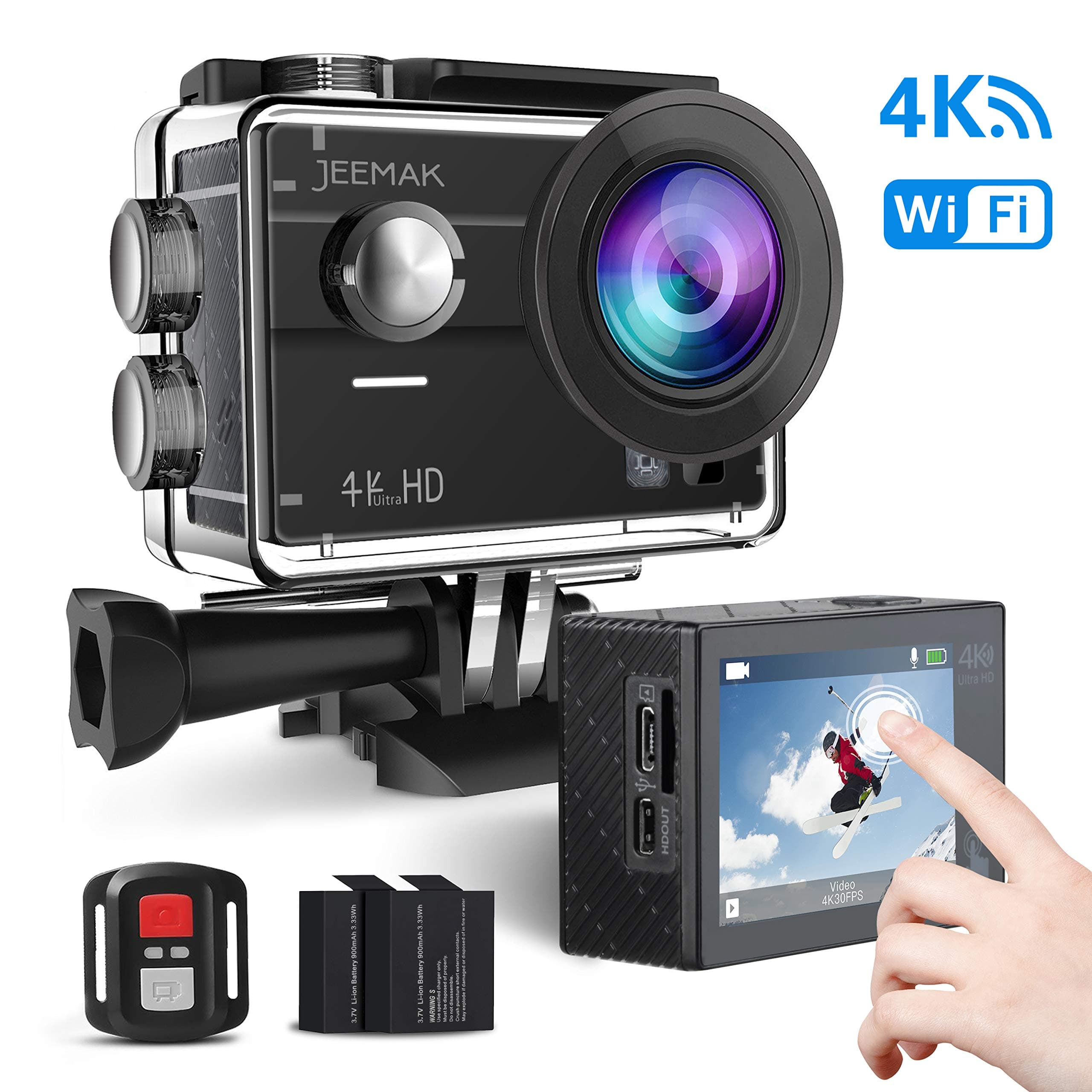 Action Camera 4K 16MP WiFi Touch Screen Underwater 30M with Remote Control IP68 Waterproof Case