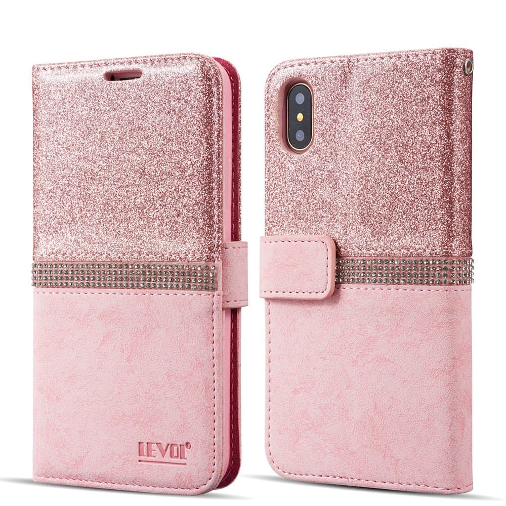 LEVOL Glitter Case for iPhone XS Max 6.5 inch,Bling Glitter Diamond Folio Leather Wallet Case with [Kickstand] [Card Slots] [Magnetic Closure] Flip Case for iPhone XS Max [Rose Gold]