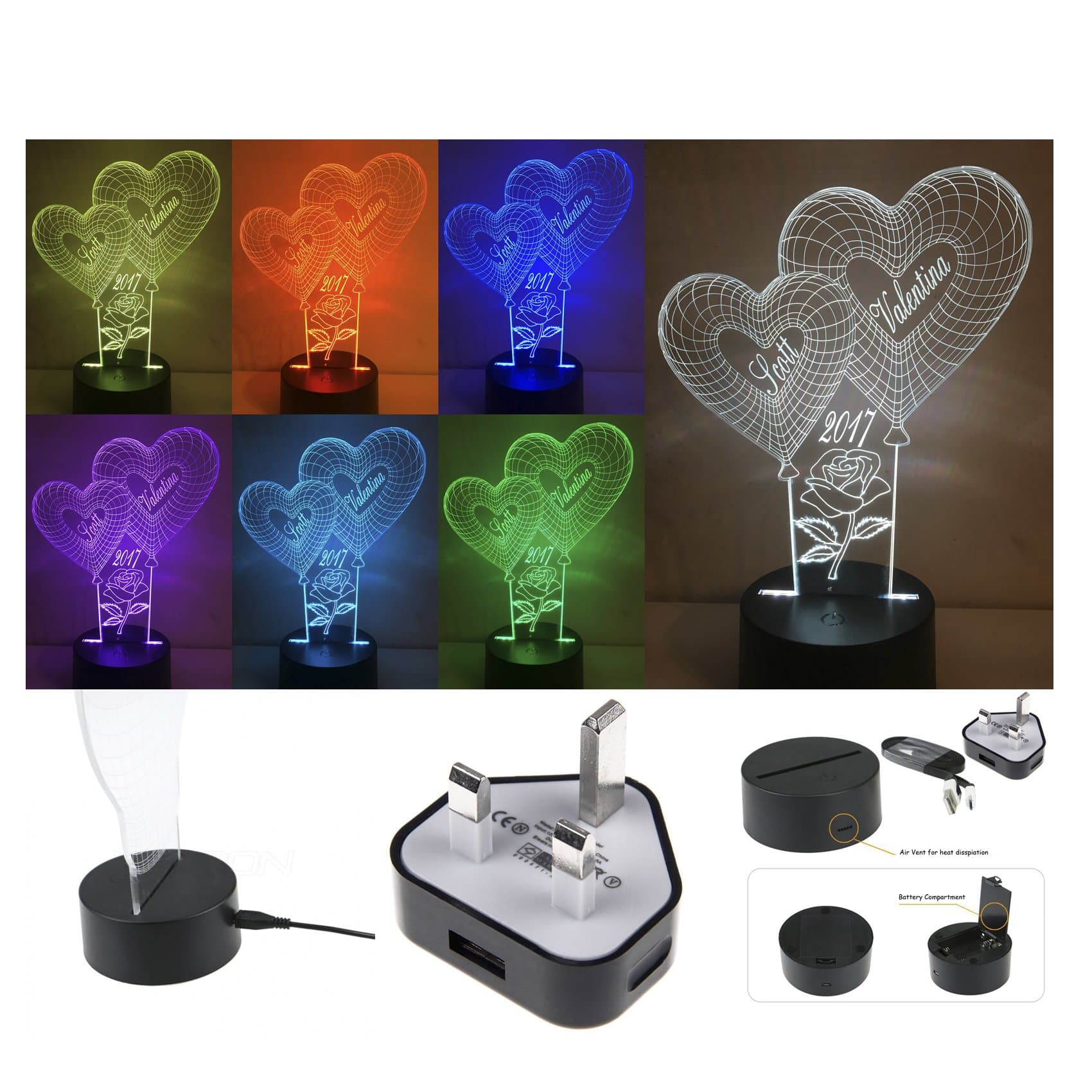 PERSONALISED DOUBLE HEART WITH ROSE COLOUR CHANGING 3D OPTICAL ILLUSION NIGHT LIGHT COMPLETE WITH LIGHT BASE STATION, CABLE AND PLUG