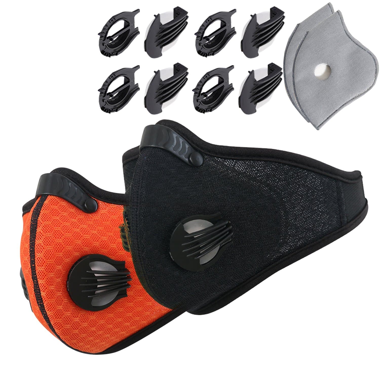 Dustproof Masks - 2 Pack Activated Carbon Dust Mask with Extra Filter Cotton Sheet and Valves for Exhaust Gas, Pollen Allergy, PM2.5, Running, Cycling, Outdoor Activities (Black and Orange)