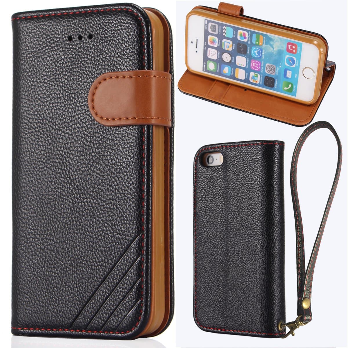 iphone 5 Case, iphone 5S Case, LANOU iphone SE Leather Case Flip Cover With Stand Protection Case for iphone 5 / 5S / SE (black)