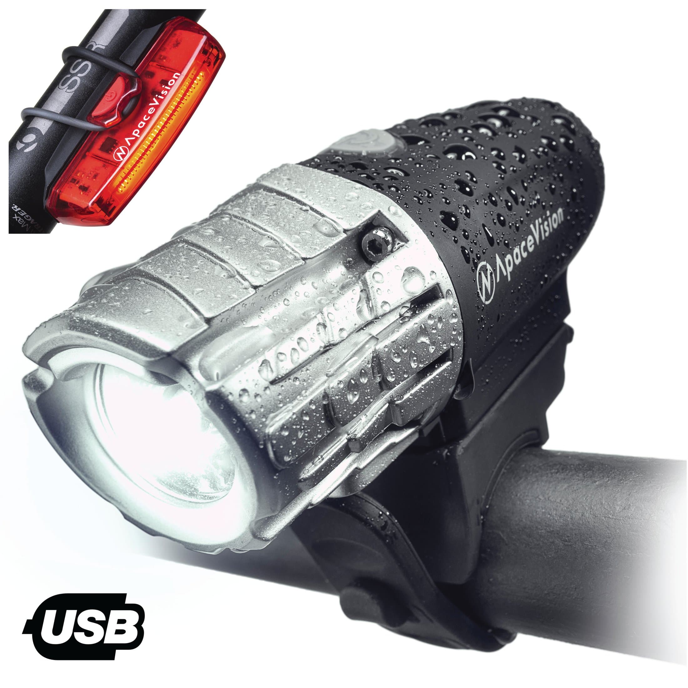 Eagle Eye USB Rechargeable Bike Light Set by Apace - Powerful 300 Lumens LED Bicycle Headlight and Tail Light - Super Bright Front Light & Rear Light for Optimum Cycling Safety