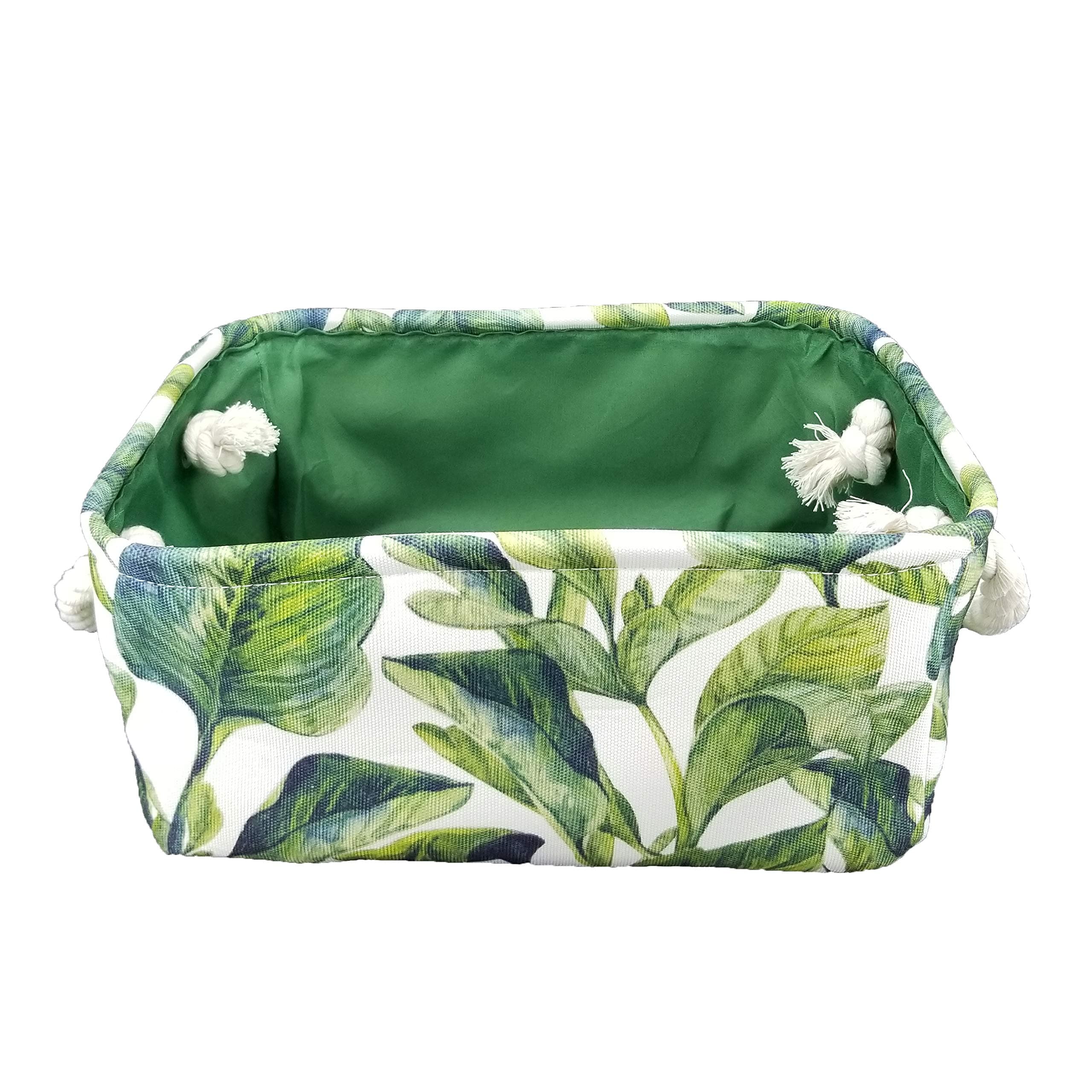 OZEL Mall Foldable Storage Bins (Green Leaf) with Durable Cotton Handles,Fabric Bin with Rope Handles, Tropical Style Great for Organizing Closets and Homes (12.2''x8.7''x5.5'')