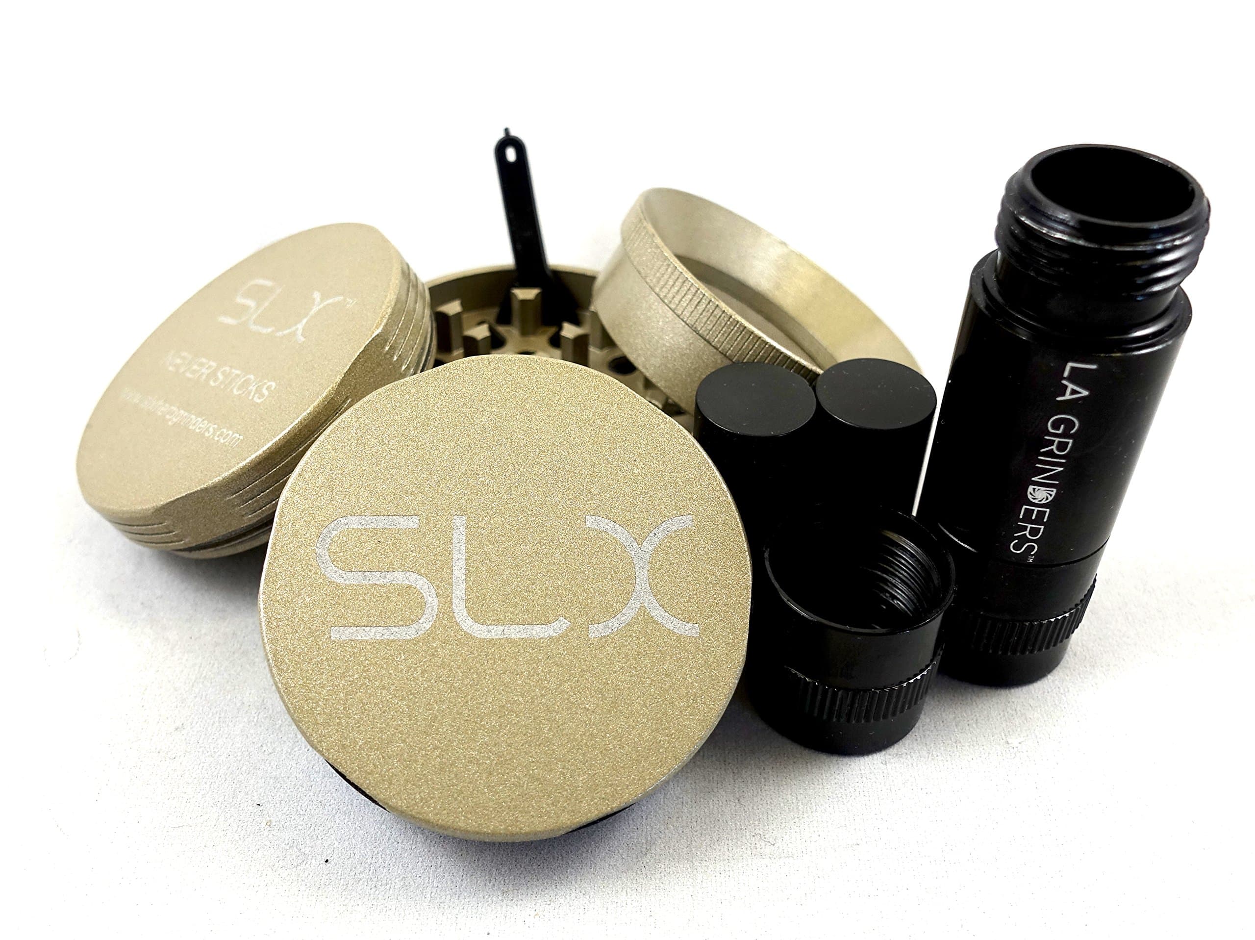 SLX Version 2.0 Gold Non-Stick 4 Piece Grinder - 2 Inch with La Grinders Pollen Press