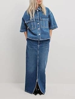 Imily Bela Womens Oversized Short Sleeve Denim Jackets Trendy Cropped Jean Tops Shackets