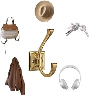 CABDM 5 Pack Decorative Heavy Duty Towel Hooks for Hanging Robe Double Brushed Brass Coat Hooks Wall Mounted with Screws for Key, Towel, Bags, Cup, Hat