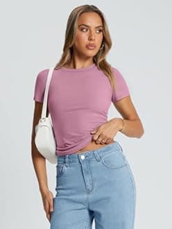 Trendy Queen Womens Basic T Shirts Summer Tops 2026 Crop Short Sleeve Slim Fit Tee Cute Gym Workout Clothes