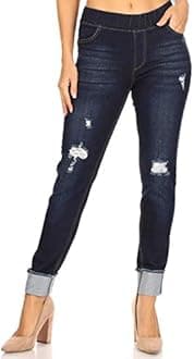Women's Stretch Pull-On Skinny Ripped Distressed Denim Jeggings Side Stripe Cuff (Medium, Dark-39)
