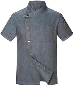 Men's Chef Coat Short Sleeve Button Shirts Chef Work Jacket Slim Fit Breathable Tops Lightweight Summer Top