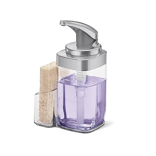 simplehuman KT1189 650ml Square Push Pump Liquid Soap Dispenser with Removable Sponge Caddy, Effortless Dispensing, Precision Lever, Easy to Refill, Large Capacity, Brushed Nickel