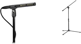 Audio-Technica AT875R Line/Gradient Shotgun Condenser Microphone 9.5 x 5 x 2.75 inches & Samson Microphone Stand, Black (SAMK10)