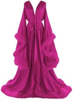 Women's Feather Bridal Robes Old Hollywood Maternity Photoshoot Nightgown Silk Bathrobe Long Lingerie