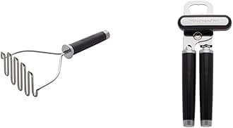 Gourmet Stainless Steel Wire Masher, 10.24-Inch, Black & Classic Multifunction Can Opener / Bottle Opener, 8.34-Inch, Black