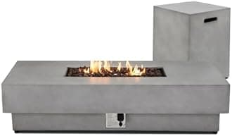 2 Pieces 60-Inch Outdoor Propane Fire Pit Table w/Tank Cover - 50,000 BTU, Concrete Rectangle Firepits | Integrated Ignition, Steel Lid, Lava Rocks & Rain Cover Included