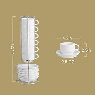 Sweejar Porcelain Espresso Cup & Saucer Set, Stackable Demitasse Cups with Metal Stand, 2.5 OZ for Latte,Coffee,Cafe Mocha,Tea, Set of 6
