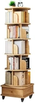 Hanzim 6 Tier Rotating Bookshelf, 360° Display Round Spinning Bookshelf with Wheels and Drawer, Space-Saving, Small Space Rotating Tower for Bedroom, Living Room, Home, Office, Wood Color