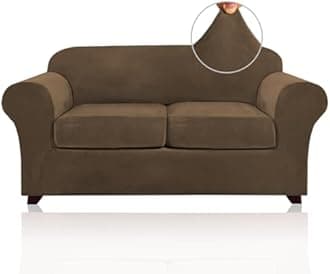 PrinceDeco Velvet Couch Cover Loveseat Covers for 2 Cushion Couch 3 Piece Sofa Covers for Dogs Washable Loveseat Covers Width Up to 72 Inch No Slip Stretch Sofa Slipcover(Medium, Bronze Brown)