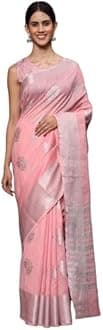 Leeza Store Women's Light Pink Tissue Silk Silver Zari Floral Motifs Saree With Blouse Piece