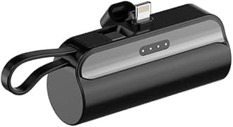 CIRCUIT GREEN 5000mAh Mini Power Bank, iPhone LIGHTNING Connector, Portable Charger Battery Pack, Built in Cable, Foldable Stand & LED Display – Compatible for iPhone, AirPods, iPad (Black)