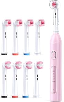 Rotating Electric Toothbrush for Adults with 8 Brush Heads (2 Types), 4 Modes Deep Clean Electric Toothbrush with Rechargeable Power and 2 Min Smart Timer Pink