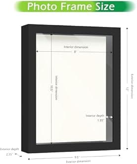 FrameWorks 8.5” x 11” Black Wooden Shadow Box Frame – Display Case with Soft Felt Back, Memory Box with Tempered Glass, Display Box with Elegant White Ball Push Pins, Wooden Flower Box