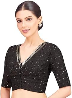 Studio Shringaar Women's Readymade Polyester Elbow Length Sleeves Saree Blouse with Mirror Work