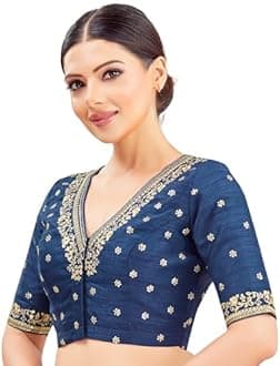 Studio Shringaar Women's Cotton Elbow Length Sleeves Embroidered Wedding Saree Blouse
