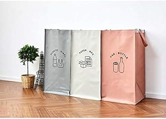 Modern House Separate Recycling Waste Bin Bags for Kitchen Home Recycle Garbage Trash Sorting Bins Organizer Waterproof Baskets Compartment Container (Set of 3 Color Pack)