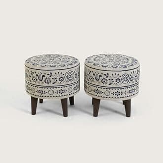 HOME 360 Floral Pattern Printed Fabric & Wooden Ottomans Footstools | 40X40X38 CM | Pouffe for Sitting and Footrest | Furniture for Home Decor | Dressing Table Stool | Living Room | Set of 2 | Blue
