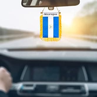 WXTWK 3 X 5 Inch Nicaragua Flag Nicaraguans Window Hanging Flag Small Mini Car Flags Banners Rearview Mirror Decoration With Suction Cup Golden Fringy Banner