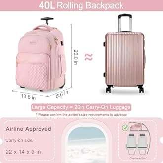Rolling Backpack Carry On Luggage For Adults With Wheels, Wheeled Backpack For Women, Travel Roller Backpack, Pink, 17-inch, Rolling Backpack Carry on Luggage