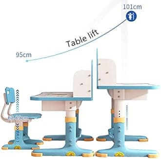 HEVIRGO Children Learning Desk and Chair Set Learning Desk Height Adjustable with Drawer Wide Desktop Cartoon Pattern Table and Chair Set Suitable for Reading, Learning, Writing, Painting, Etc Blue