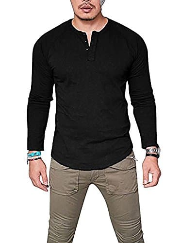 Mens Cotton V-Neck With Button Slim Fit Solid Color Long Sleeve Henley T-Shirts Tops