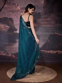 Trendmalls Women's Chiffon Sequin Embroidery Cut Work Border Saree with Unstitch Blouse Piece (K1062-Morpeach)