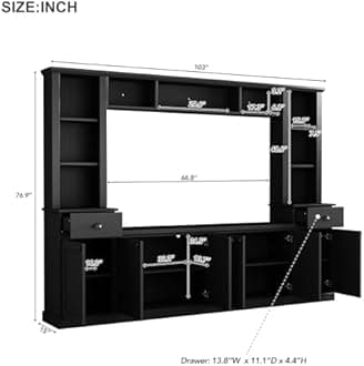 ON-TREND Minimalist Entertainment Wall Unit Set with Bridge for TVs Up to 75'', Ample Storage Space TV Stand with Adjustable Shelves, Modernist Large Media Console for Living Room, Black