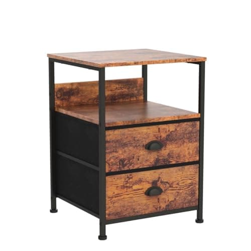 Furologee Set of 2 Nightstand, End Table with 2 Fabric Drawers and Shelf, Industrial Side Sofa Table, Bedside Table Furniture Metal Frame for Living Room/Bedroom/Hallway, Rustic Brown