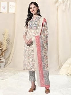 MIRCHI FASHION Women's Fancy Straight Fit Cotton Printed and Embellished Kurta Set with Trouser Pant and Dupatta