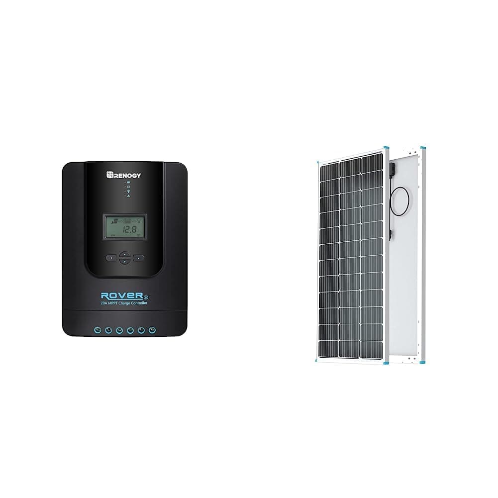Renogy Rover 20A 12V/24V Auto DC Input MPPT Solar Charge Controller Parameter & Solar Panel 100 Watt 12 Volt, High-Efficiency Monocrystalline PV Module Power Charger, Single 100W