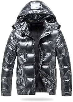 JEsilunmaMY Mens Thermal Shiny Hooded Puffer Jackets Winter Coats Water-Resistant Down Coats Insulated Puffy Padded Coat