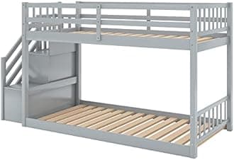 BIADNBZ Twin Over Twin Floor Bunk Bed with Storage Stairs, Wooden Low Bunkbeds Frame for Kids Teens Bedroom, Space Saving Design, Gray