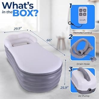 SereneLife Inflatable Bathtub with Bubble Massage Mat, Non-Slip, Backrest Support, Includes Pillow, Cup Holder, Remote Control, Easy Storage, PVC Material, Supporting Up To 345 lbs., ‎66"x30"x26"