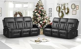 Oversized Recliner Sofa Set with 3+3 Pieces in Living Room, PU Leather Loveseat Couch, Modern Recliner Chair for Living Room, with Cup Holder and 2 Cell Phone Holder, USB Ports, Black